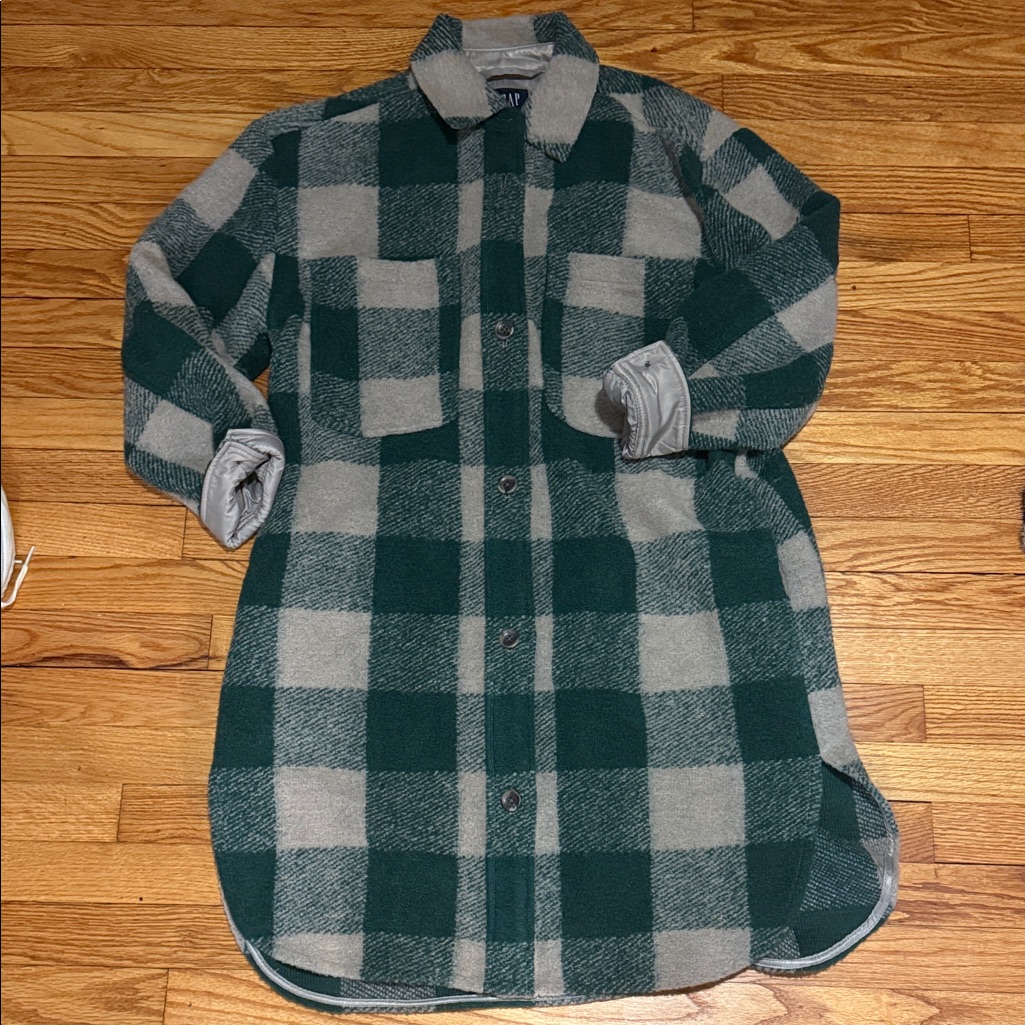 Gap Green Tan Plaid Shirt Jacket Long Sz L Large